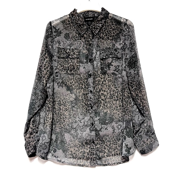 Lane Bryant Lace Animal Print Blouse Sheer Plus Size 1X 14 16 Long Sleeve Button - Picture 3 of 15